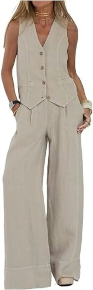 Linen Sets for Women 2 Piece Outfits Linen Pant Sets Casual Button Waistcoat V Neck Crop Vest Blazer