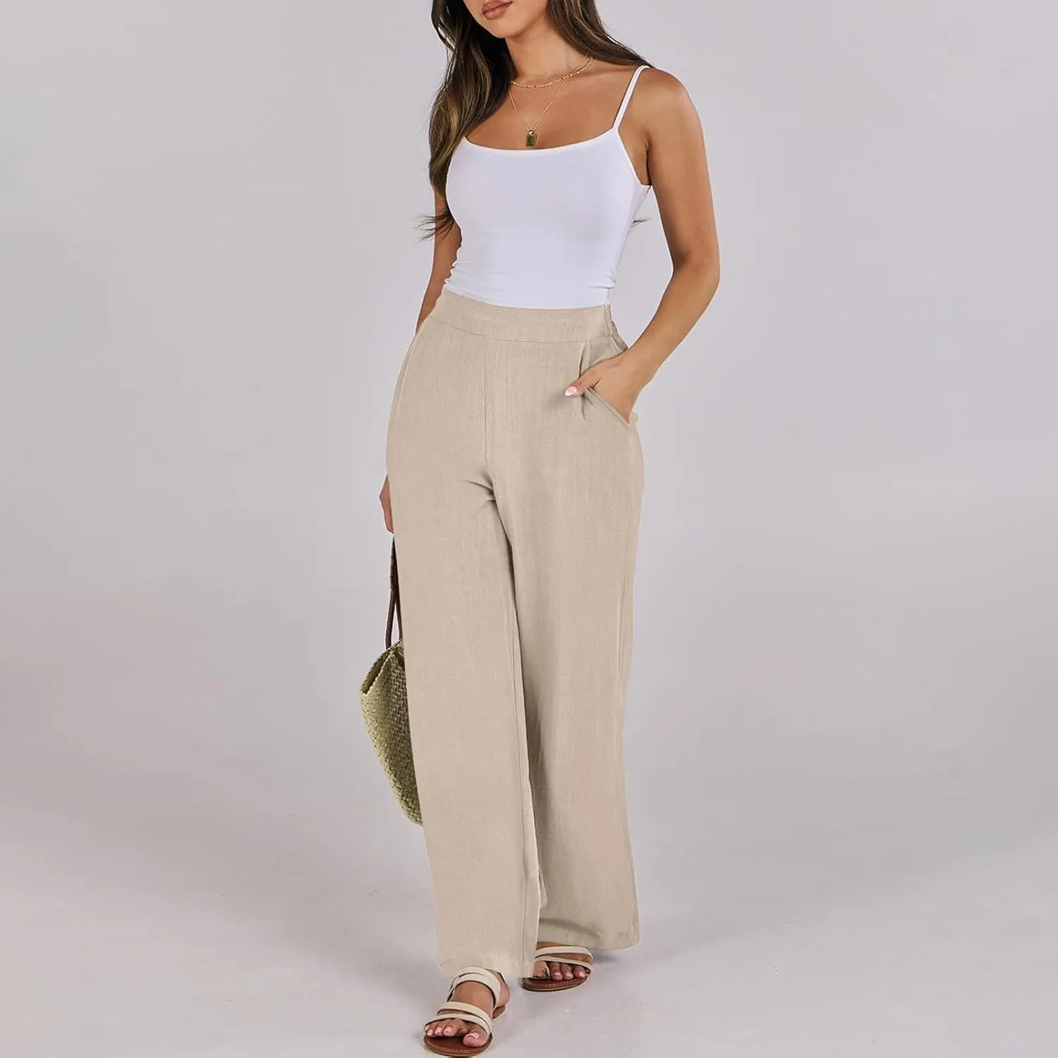 Linen Work Pants for Women High Waisted Dress Pants Casual Lightweight Elastic Waist Wide Leg Trousers with Pockets