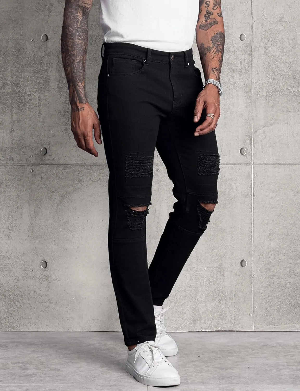 LONGBIDA Mens Skinny Slim Fit Ripped Straight Hip Hop Biker Stretchy Jeans
