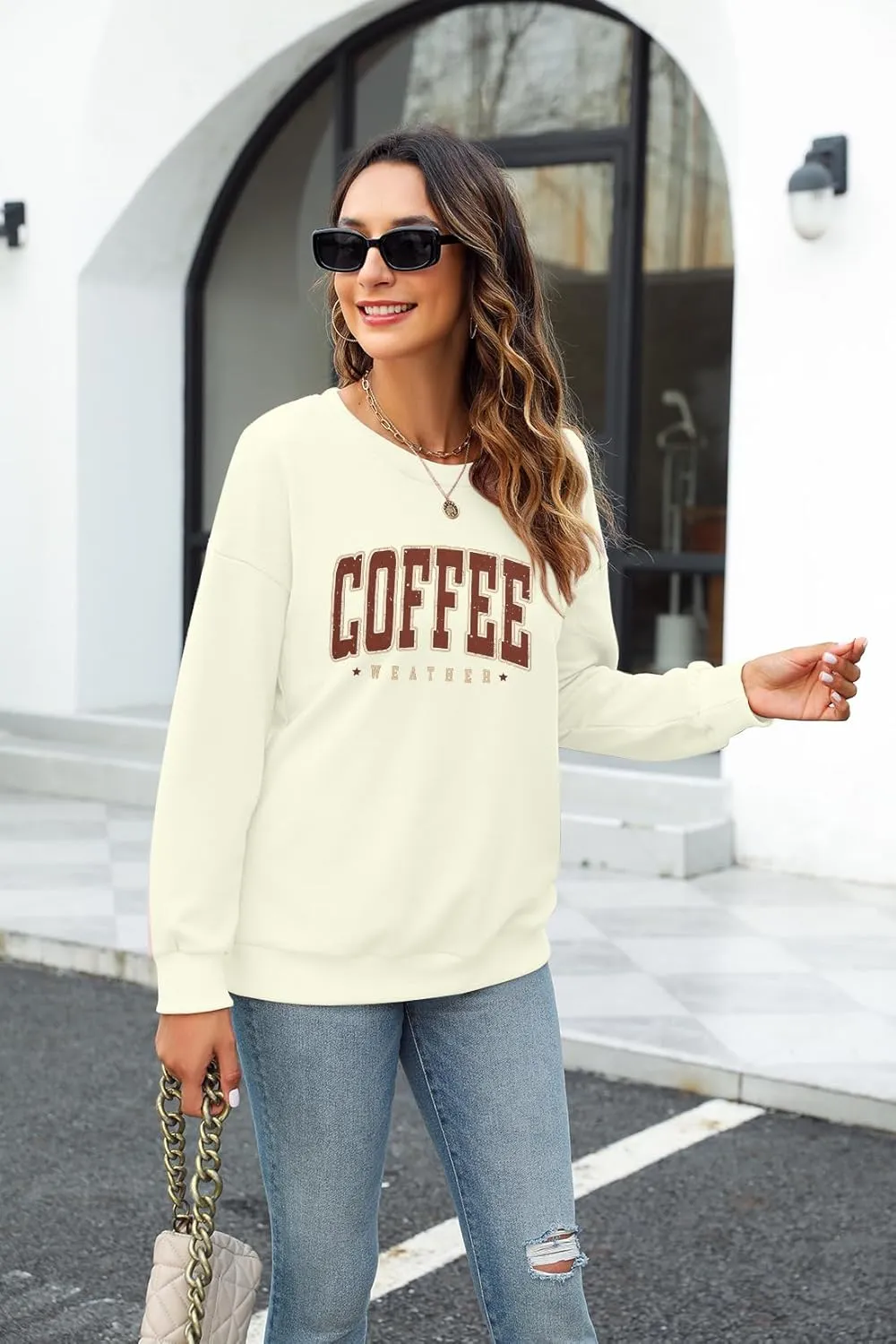 LOTUCY Coffee Sweatshirt for Women Coffee Weather Crewneck Sweatshirt Casual Autumn Fall Long Sleeve Shirt