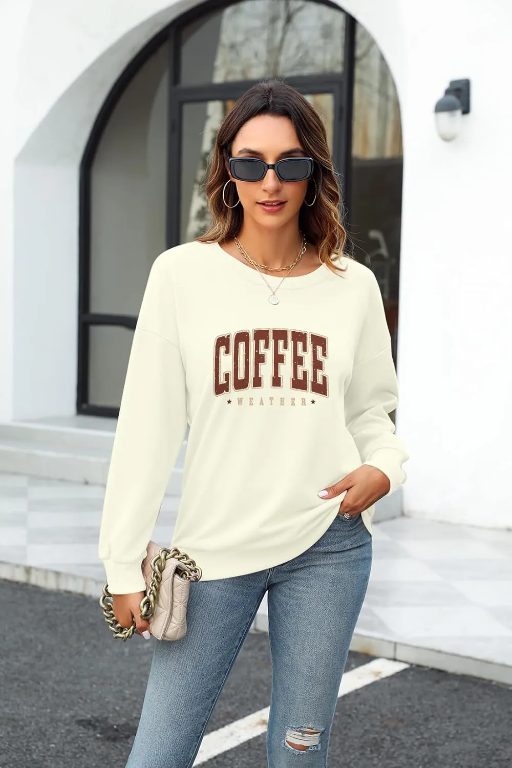 LOTUCY Coffee Sweatshirt for Women Coffee Weather Crewneck Sweatshirt Casual Autumn Fall Long Sleeve Shirt