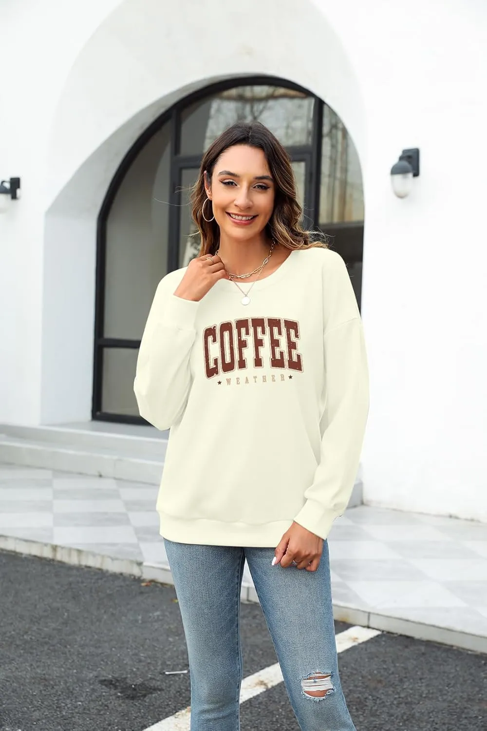LOTUCY Coffee Sweatshirt for Women Coffee Weather Crewneck Sweatshirt Casual Autumn Fall Long Sleeve Shirt