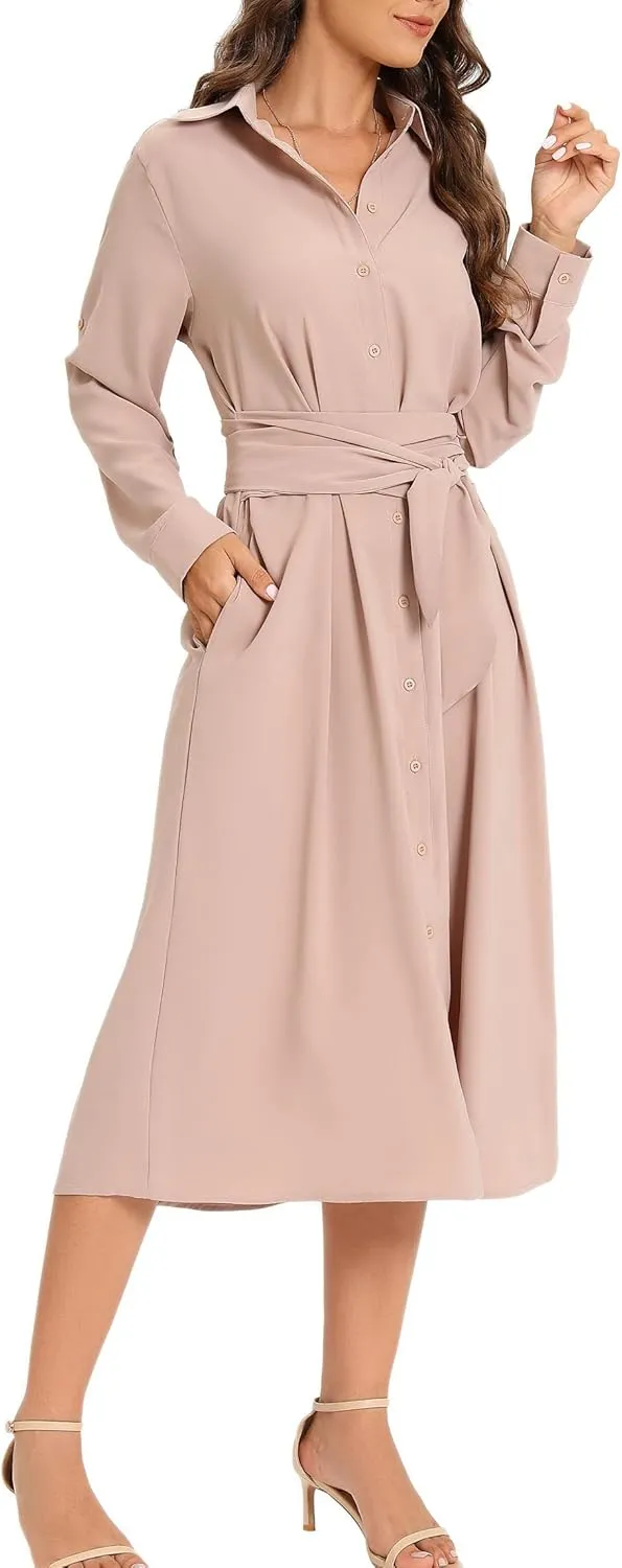 LUSMAY Women's Casual Button Down Belted Shirt Dress Long Sleeve Flowy A Line Dresses with Pockets