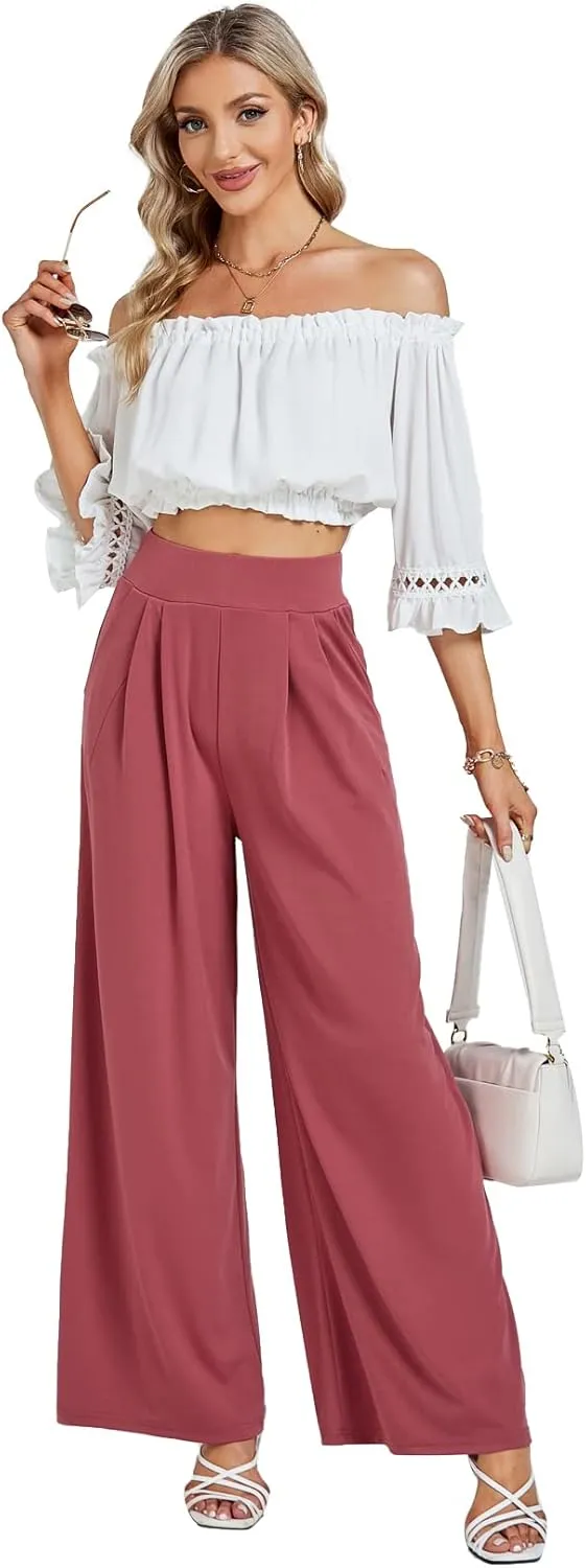 LYANER Women's Wide Leg High Waist Pleated Palazzo Pants Trousers with Pockets