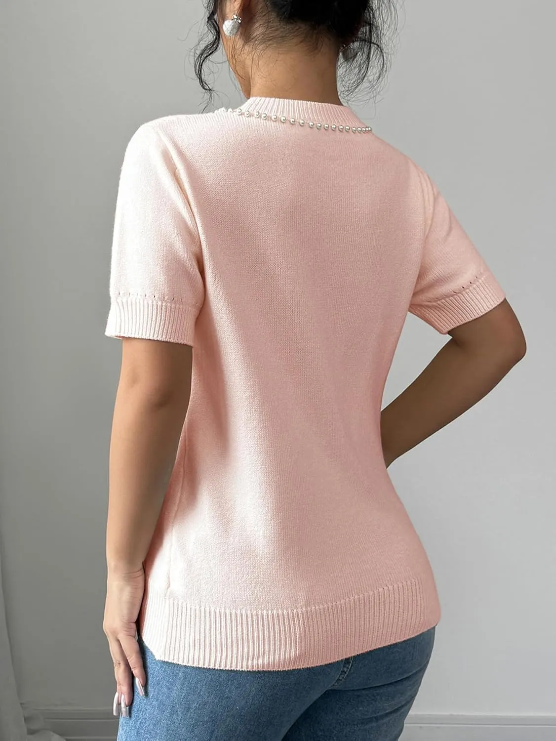 MakeMeChic Women's Bow Sweater Crew Neck Short Sleeve Knitted Pullover Beaded Tops