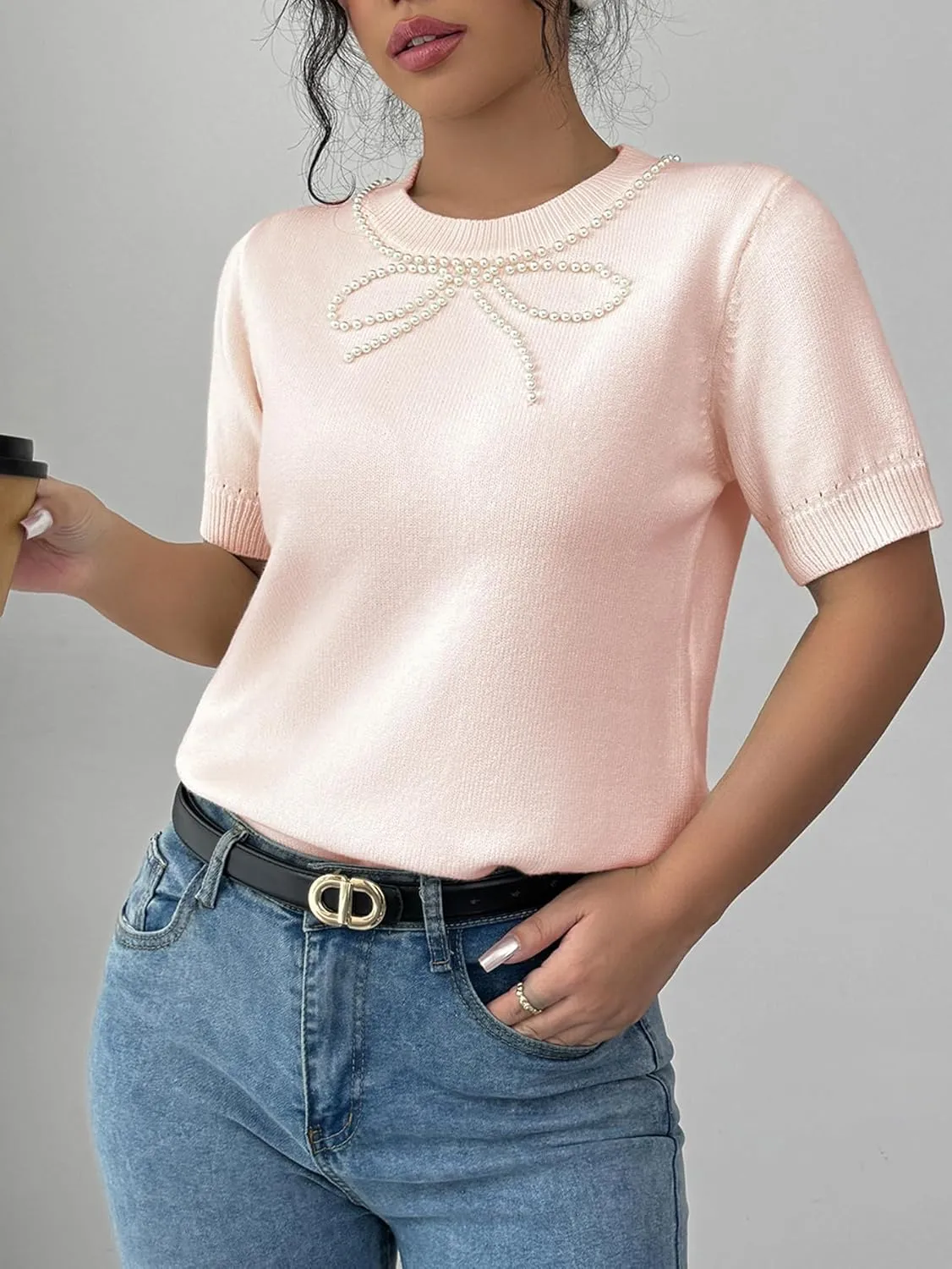 MakeMeChic Women's Bow Sweater Crew Neck Short Sleeve Knitted Pullover Beaded Tops