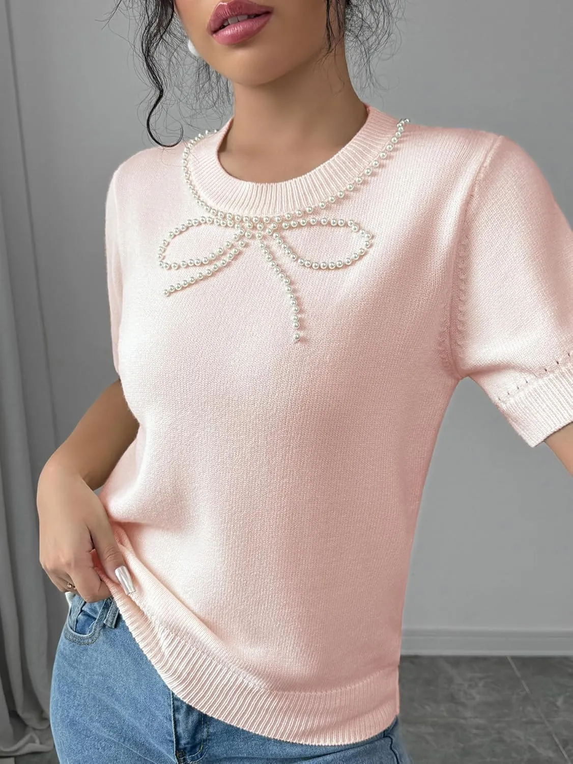 MakeMeChic Women's Bow Sweater Crew Neck Short Sleeve Knitted Pullover Beaded Tops