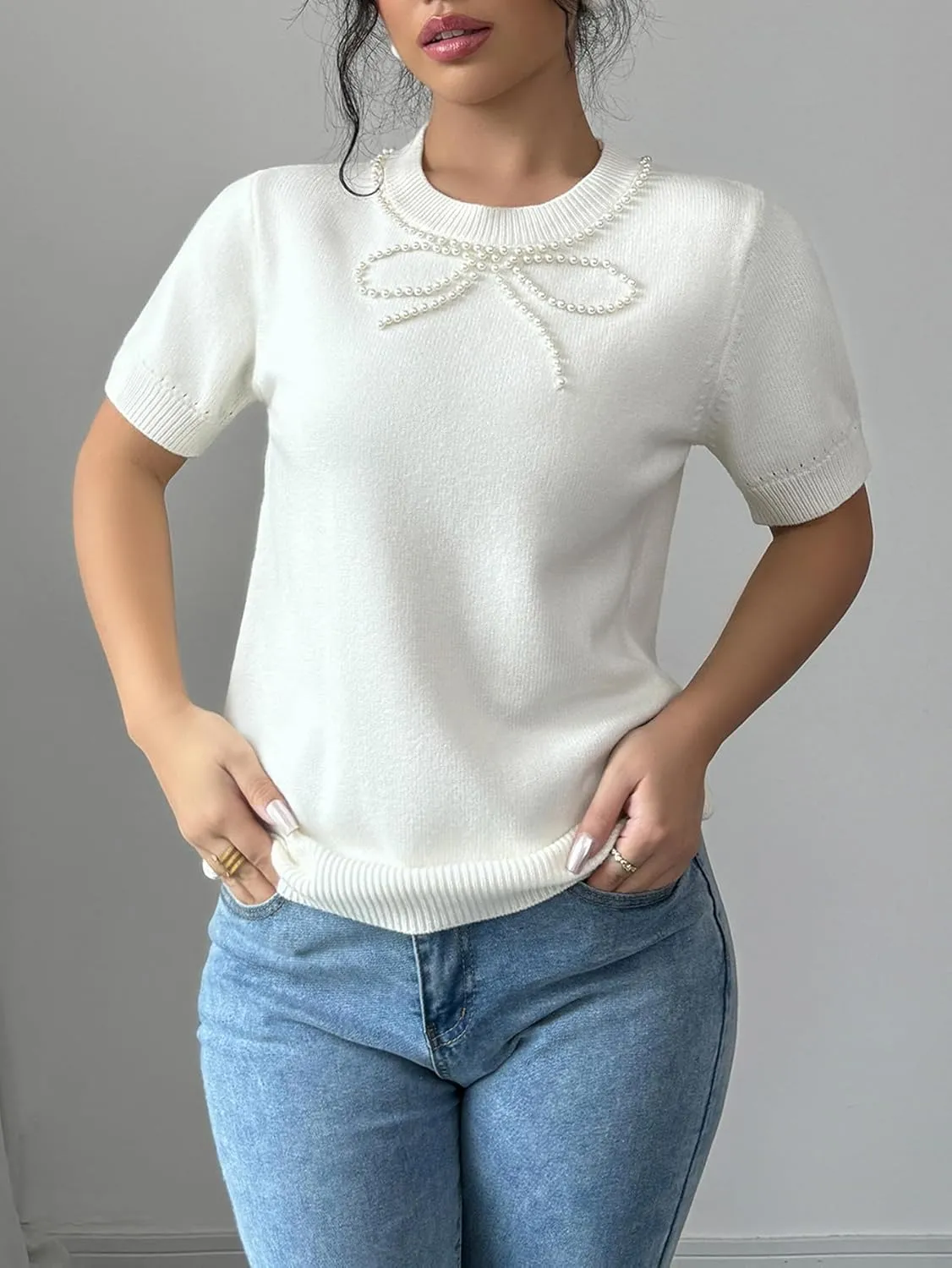 MakeMeChic Women's Bow Sweater Crew Neck Short Sleeve Knitted Pullover Beaded Tops