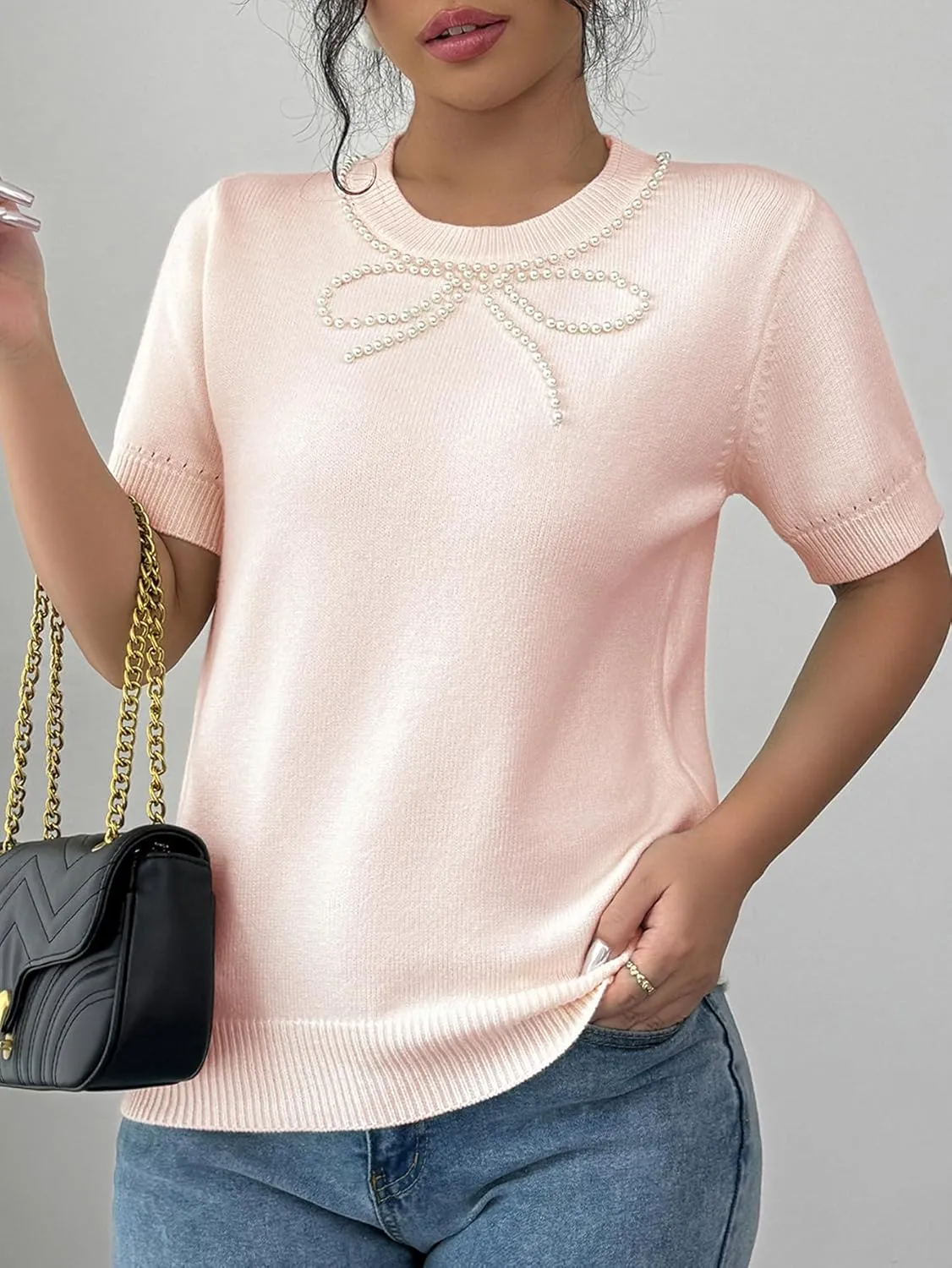 MakeMeChic Women's Bow Sweater Crew Neck Short Sleeve Knitted Pullover Beaded Tops