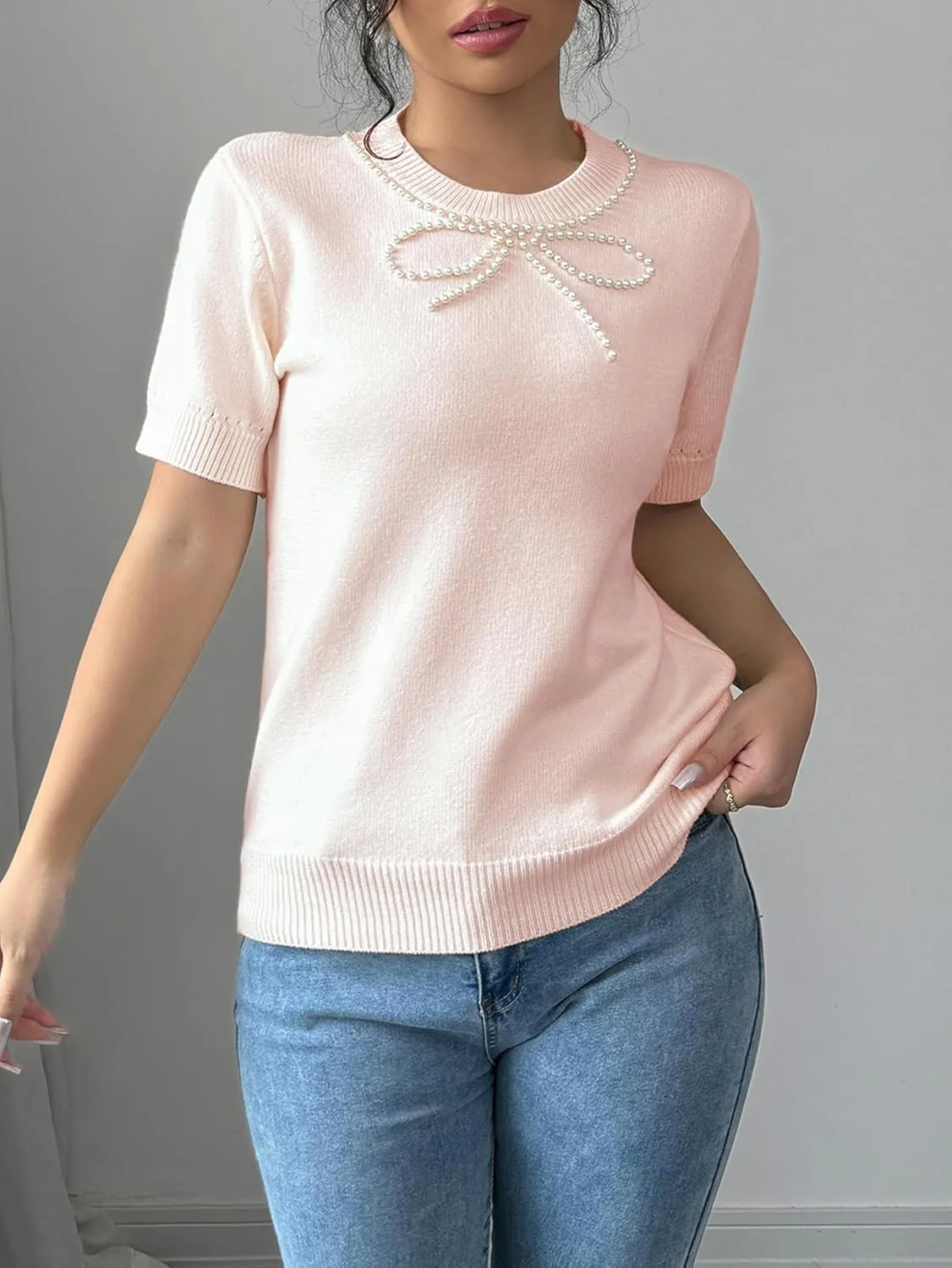 MakeMeChic Women's Bow Sweater Crew Neck Short Sleeve Knitted Pullover Beaded Tops