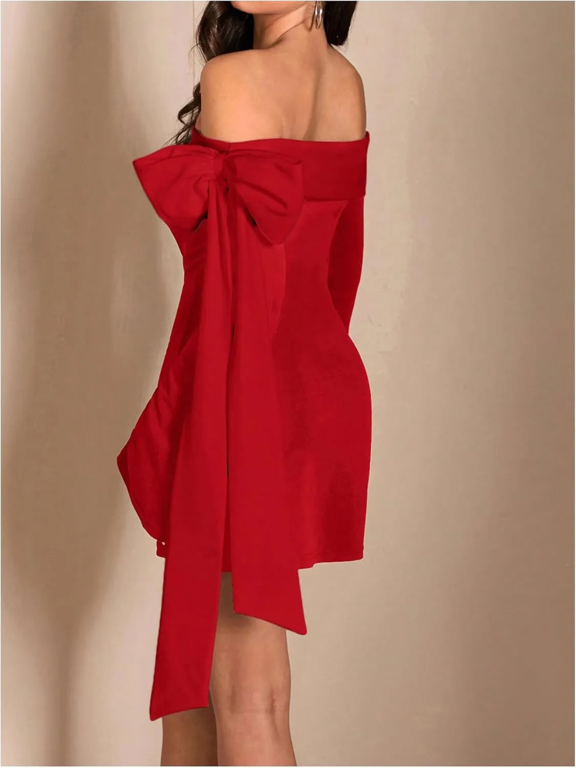 MakeMeChic Women's Off The Shoulder Bell Sleeve Mini Dress Bowknot Cocktail Party Bodycon Dresses
