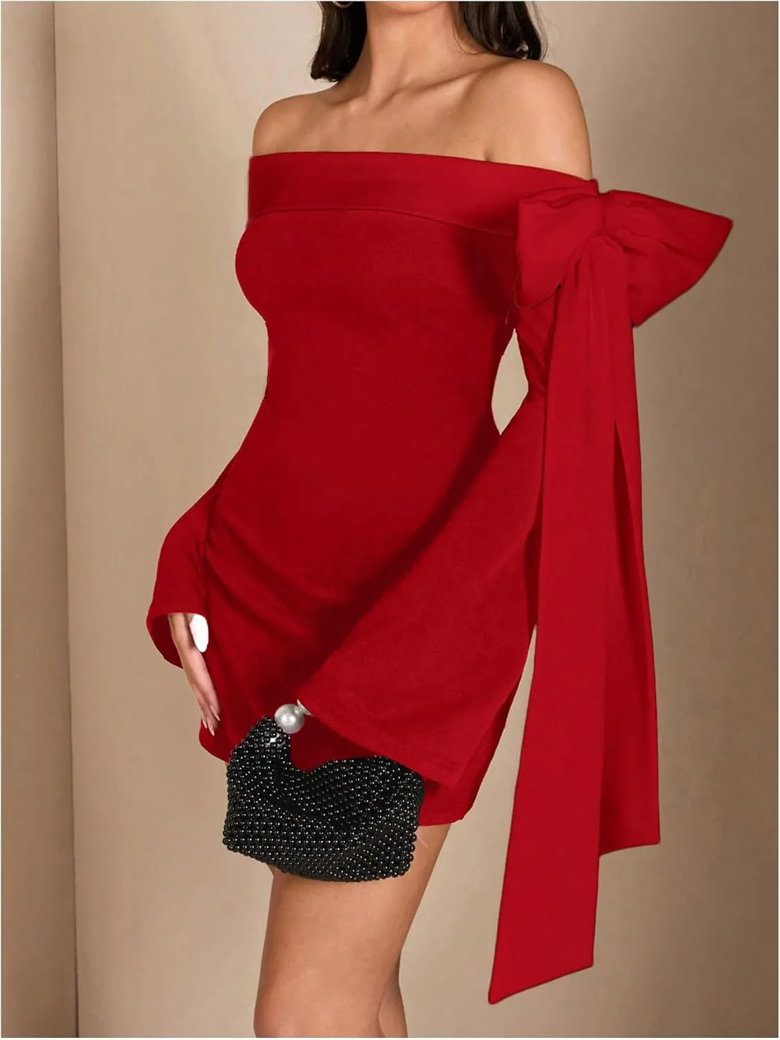 MakeMeChic Women's Off The Shoulder Bell Sleeve Mini Dress Bowknot Cocktail Party Bodycon Dresses