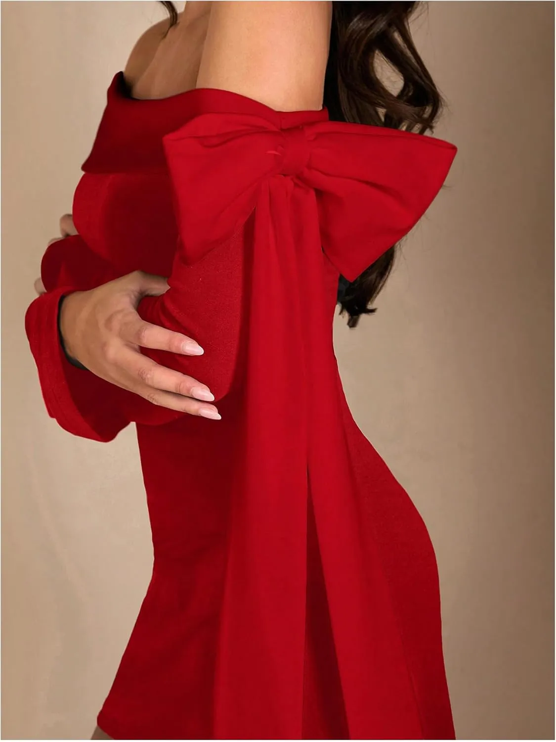 MakeMeChic Women's Off The Shoulder Bell Sleeve Mini Dress Bowknot Cocktail Party Bodycon Dresses