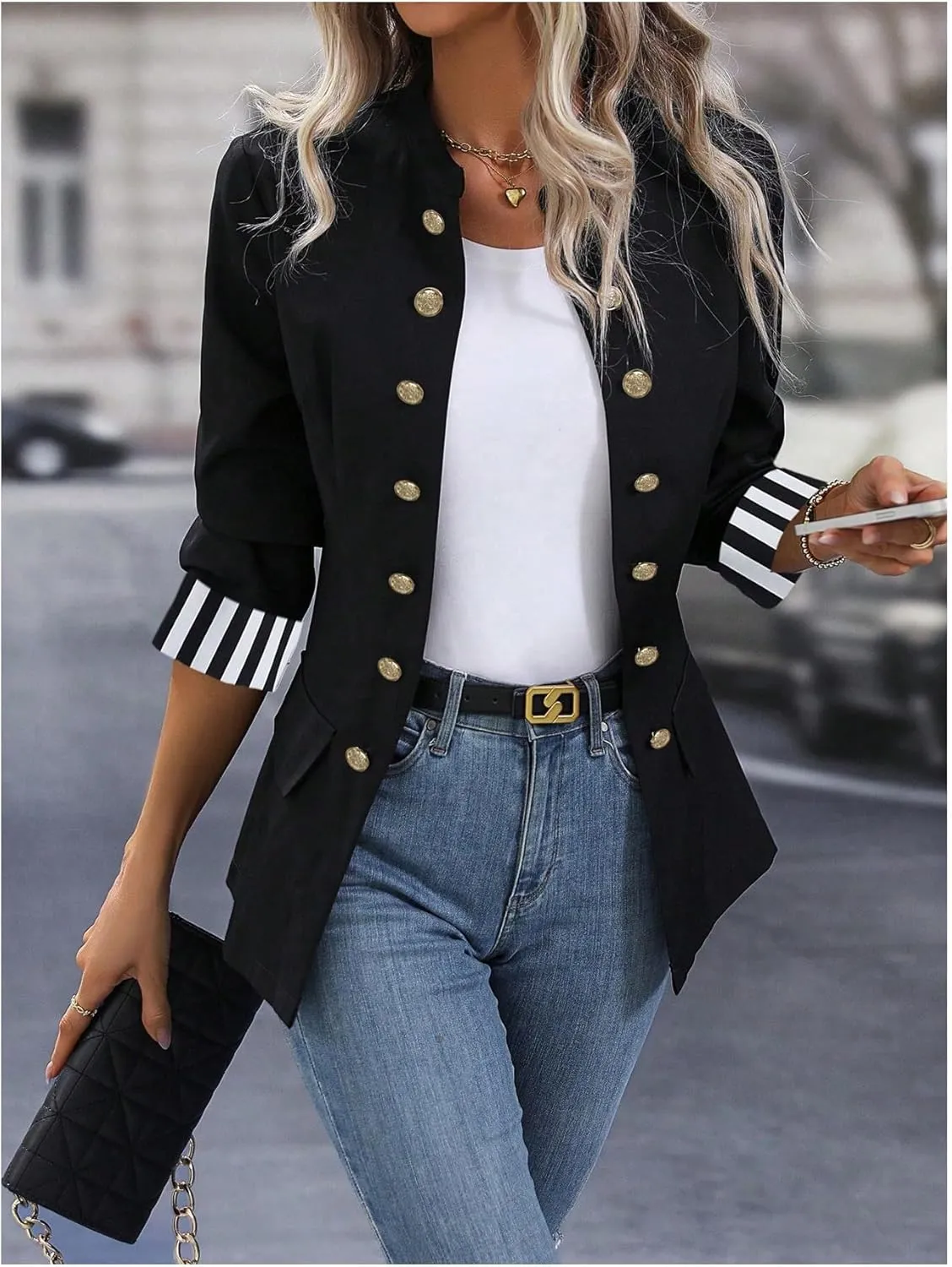 MakeMeChic Women's Striped Cuff 3/4 Sleeve Blazer Open Front Business Jacket Coat Outwear