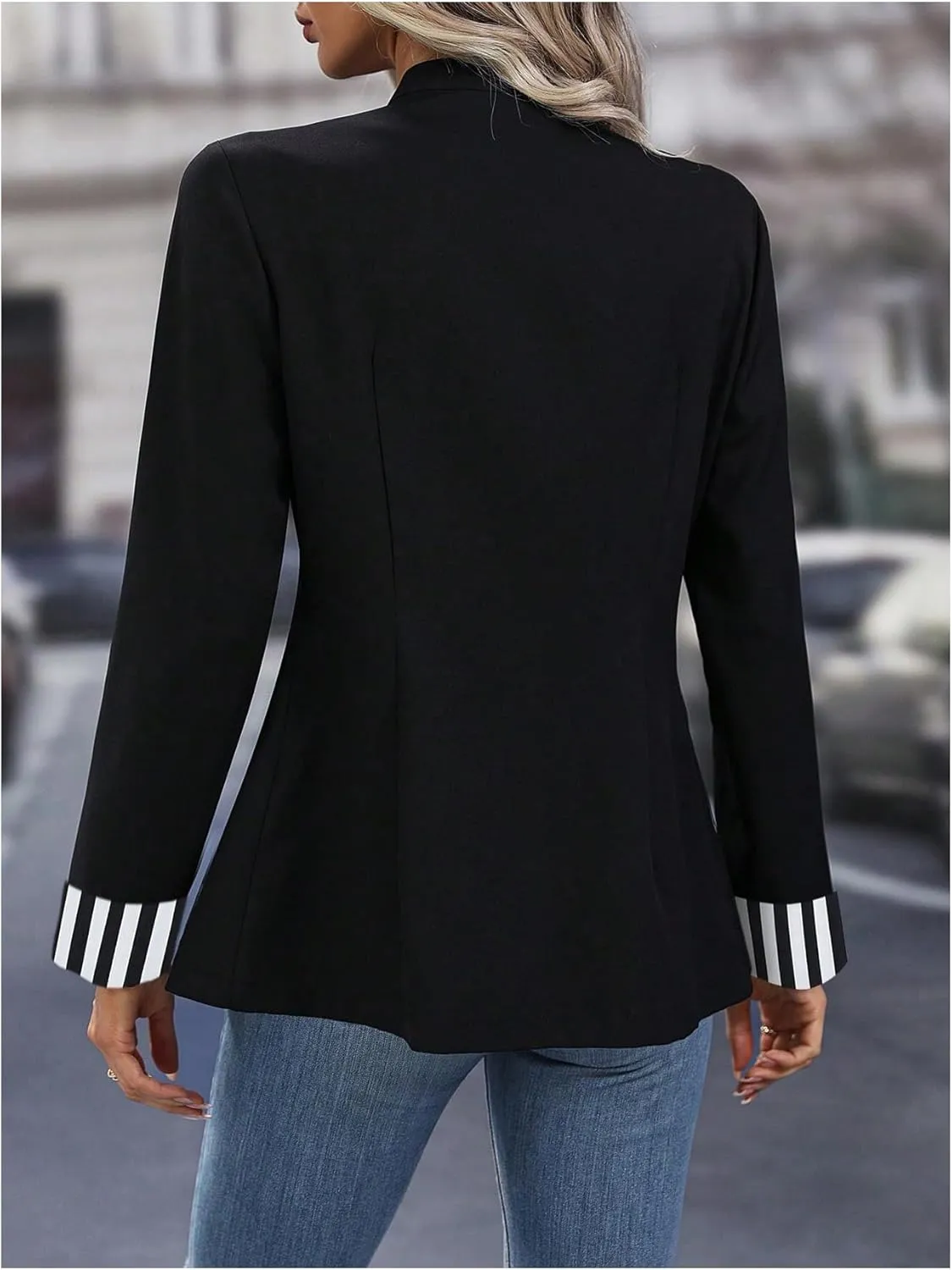 MakeMeChic Women's Striped Cuff 3/4 Sleeve Blazer Open Front Business Jacket Coat Outwear