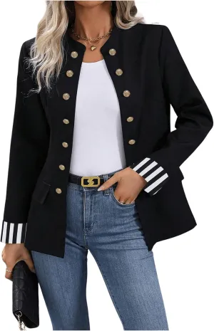 MakeMeChic Women's Striped Cuff 3/4 Sleeve Blazer Open Front Business Jacket Coat Outwear