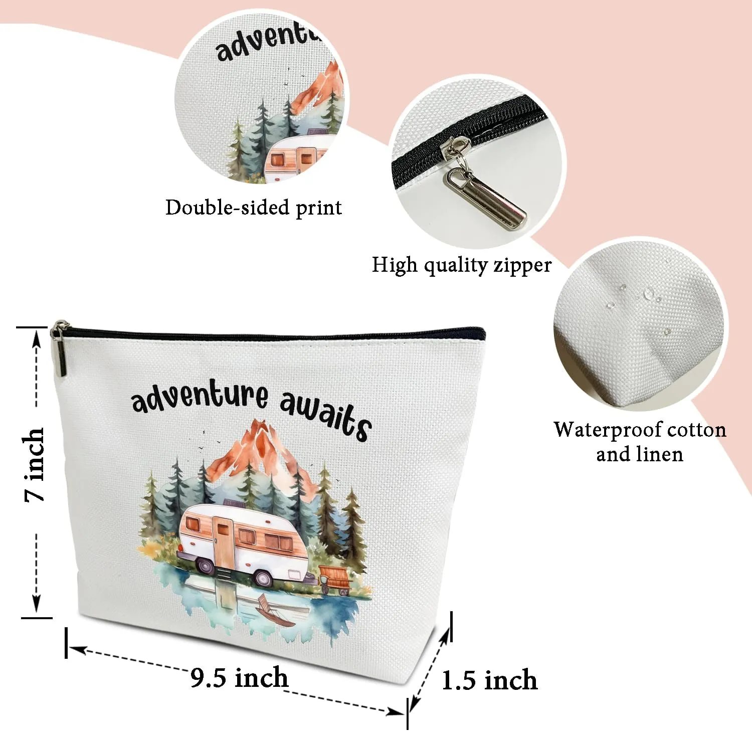 Makeup Bag, Camping RV Travel Makeup Organizer Bag, Adventure Awaits, Portable Toiletry Makeup Pouch, Storage Makeup Zipper Bag, Graduation Camper Gifts for Women Sister Friend Girl Mom -15