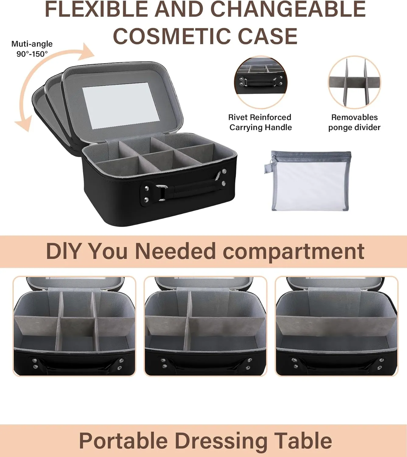 Makeup Bag with MirrorLarge Travel Cosmetic Organizer with Dividers & Free Brush Pouch, Water-Resistant PU Toiletry Bag for Women, Non-Deformable Structure & Portable Design (black Style)
