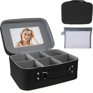 Makeup Bag with MirrorLarge Travel Cosmetic Organizer with Dividers & Free Brush Pouch, Water-Resistant PU Toiletry Bag for Women, Non-Deformable Structure & Portable Design (black Style)