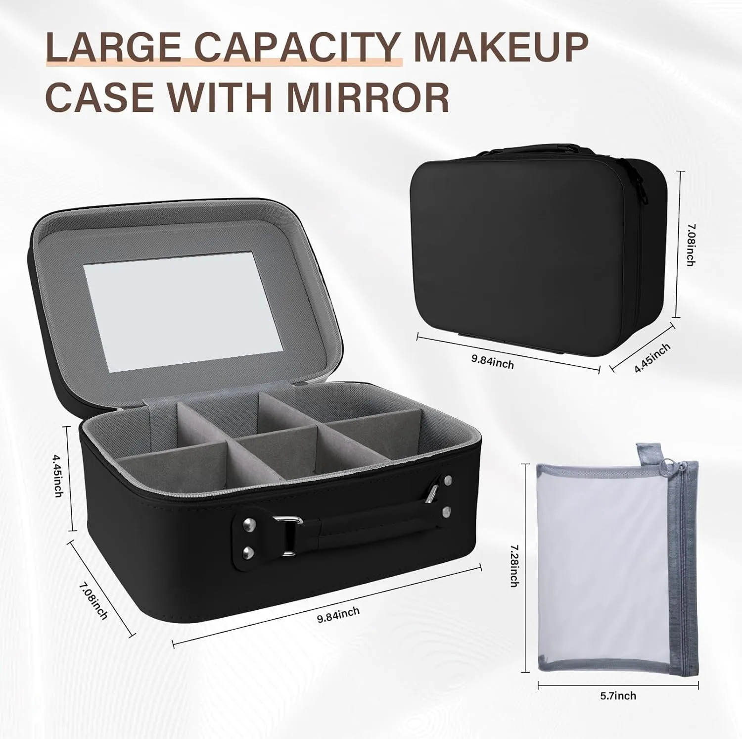 Makeup Bag with MirrorLarge Travel Cosmetic Organizer with Dividers & Free Brush Pouch, Water-Resistant PU Toiletry Bag for Women, Non-Deformable Structure & Portable Design (black Style)