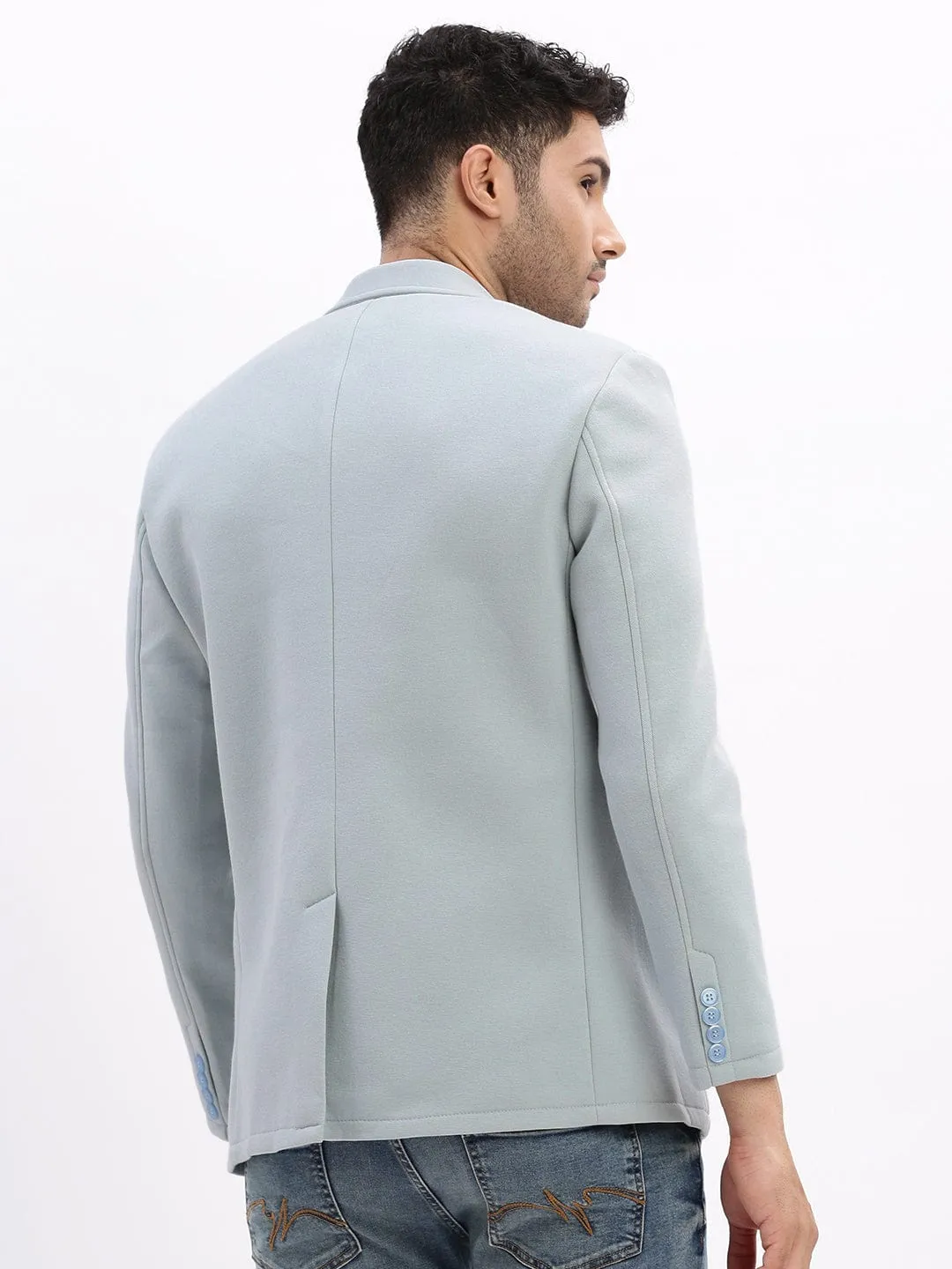 Men Blue Slim-Fit Single-Breasted Notched Lapel Collar Casual Blazer