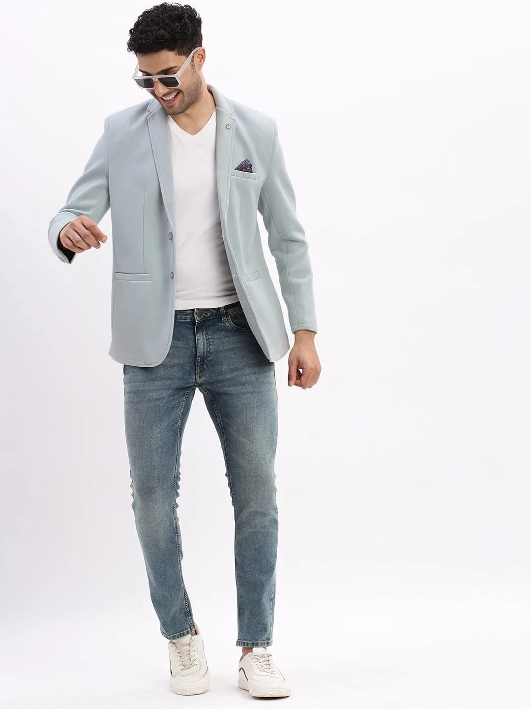 Men Blue Slim-Fit Single-Breasted Notched Lapel Collar Casual Blazer