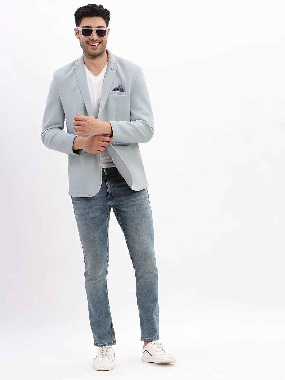 Men Blue Slim-Fit Single-Breasted Notched Lapel Collar Casual Blazer