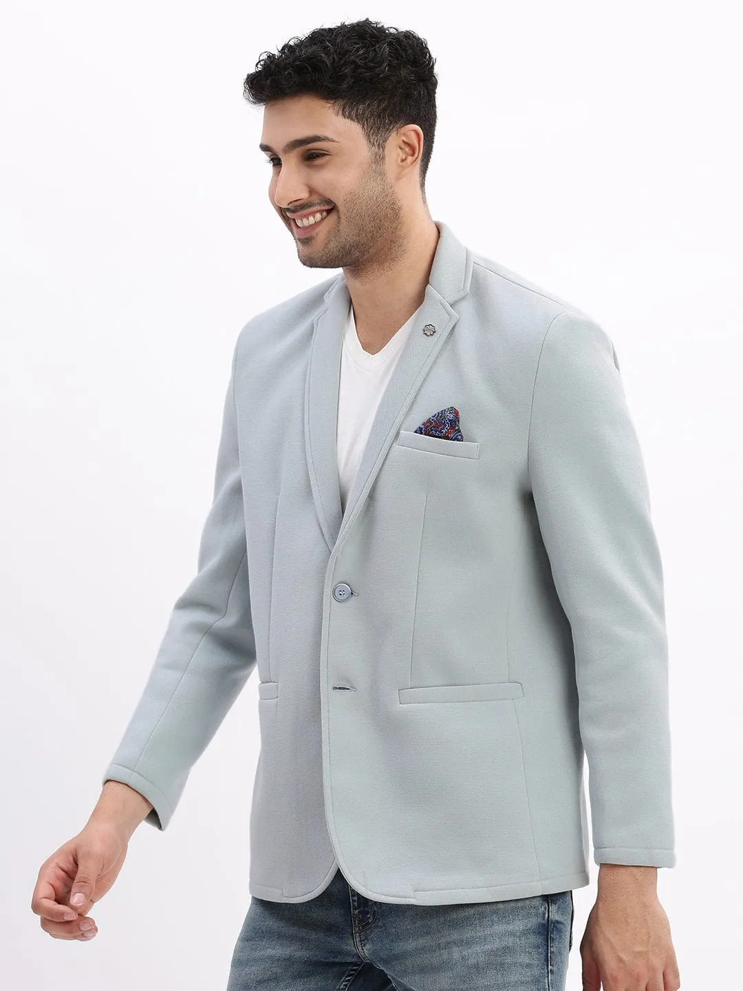 Men Blue Slim-Fit Single-Breasted Notched Lapel Collar Casual Blazer