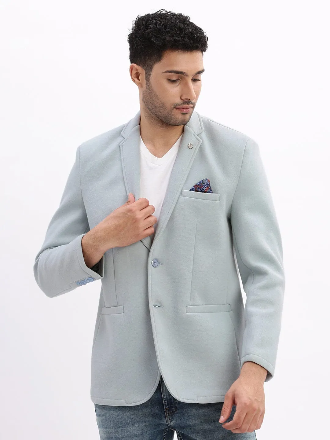 Men Blue Slim-Fit Single-Breasted Notched Lapel Collar Casual Blazer