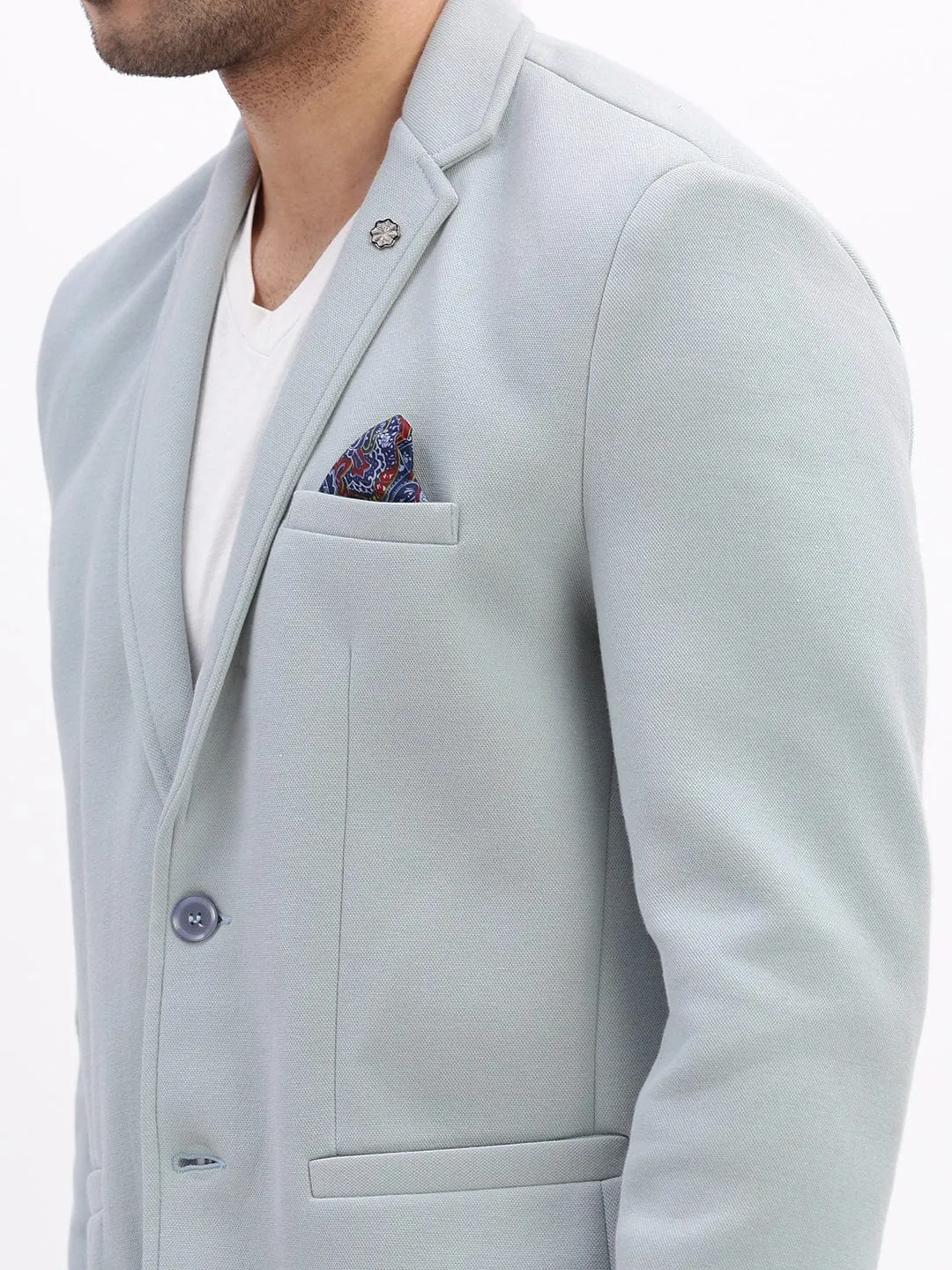 Men Blue Slim-Fit Single-Breasted Notched Lapel Collar Casual Blazer