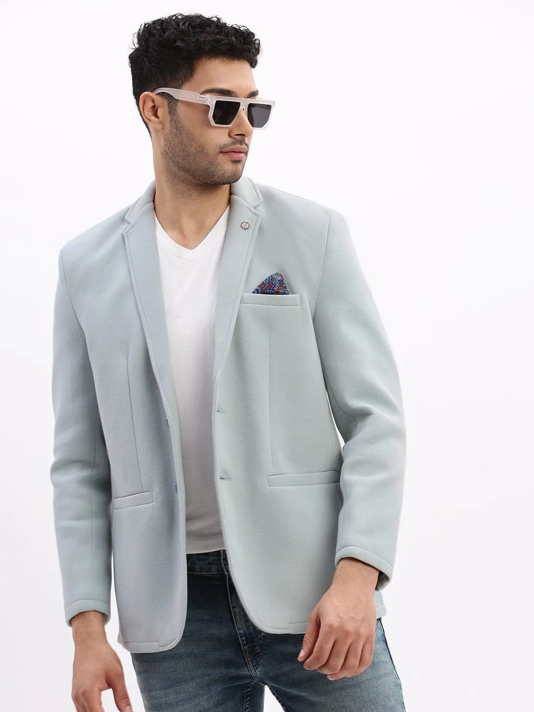 Men Blue Slim-Fit Single-Breasted Notched Lapel Collar Casual Blazer