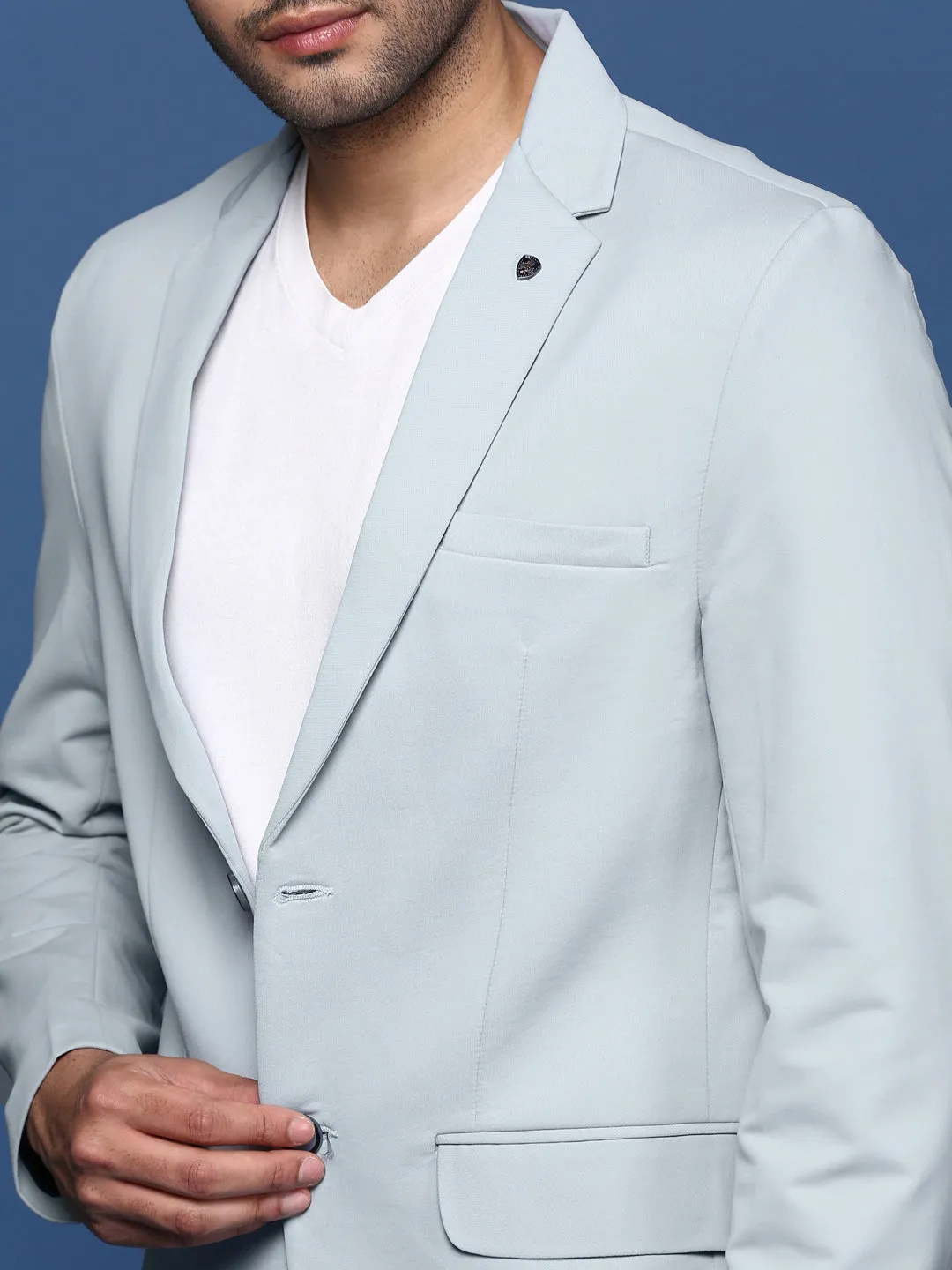 Men Blue Solid Single Breasted Blazer