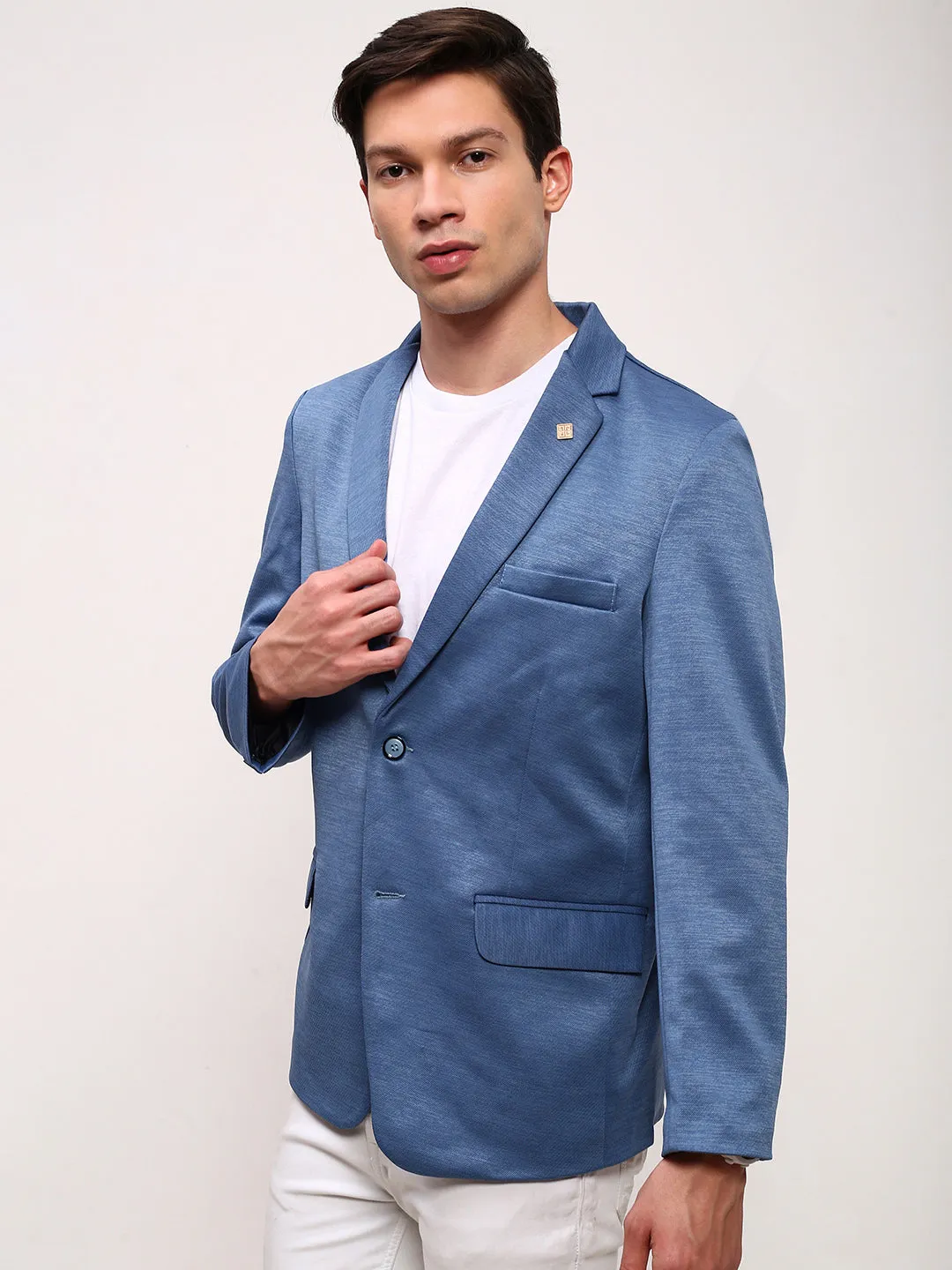 Men Blue Solid Single Breasted Slim-Fit Blazer
