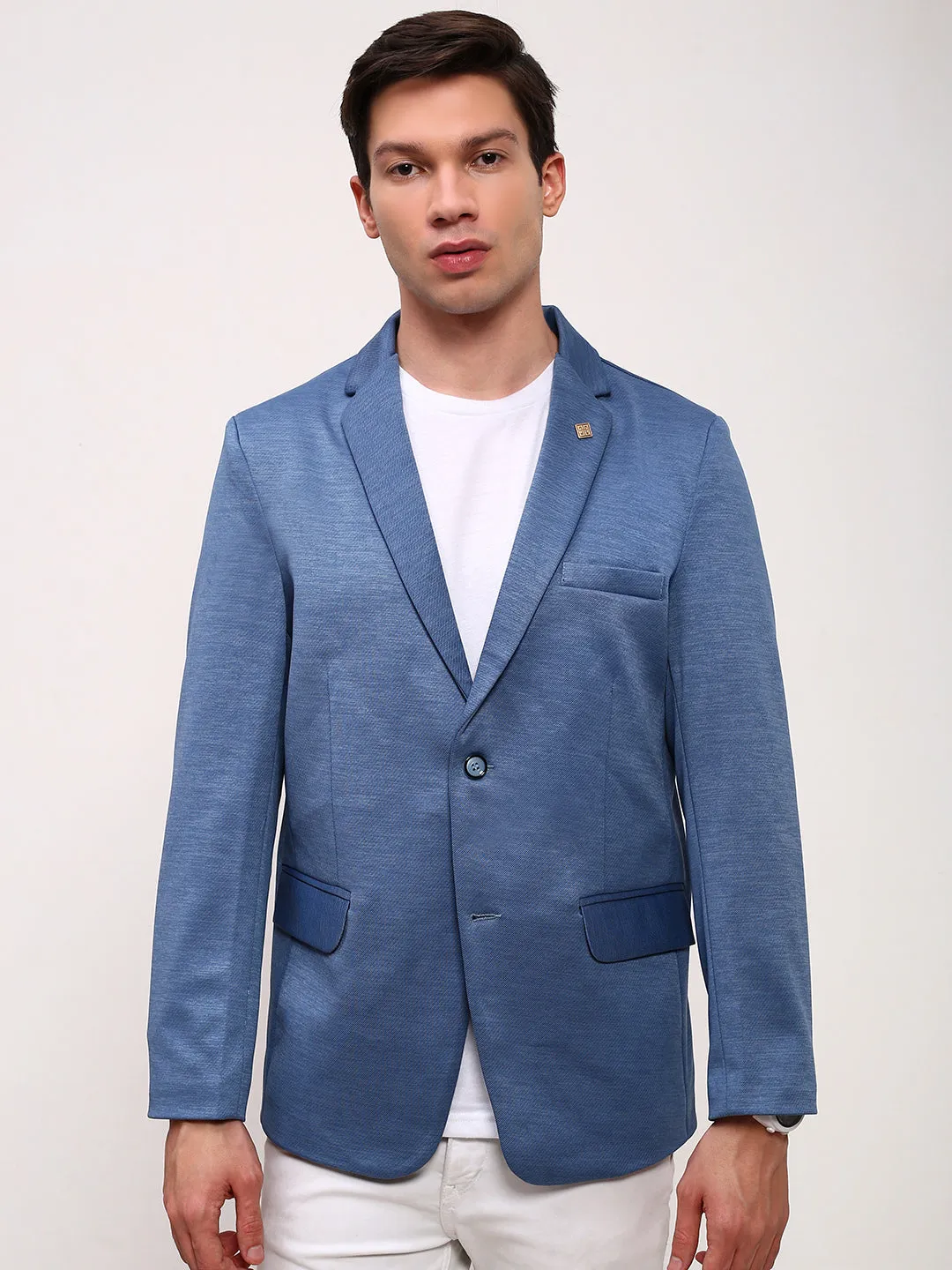 Men Blue Solid Single Breasted Slim-Fit Blazer
