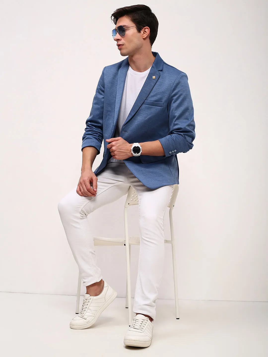 Men Blue Solid Single Breasted Slim-Fit Blazer