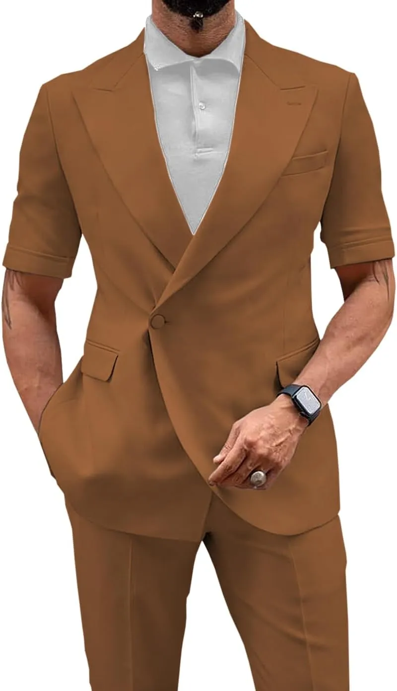 Men's 2 Piece Short Suits Set Short Pants & Short Sleeved Jacket Slim Fit Casual Mens Summer Suit