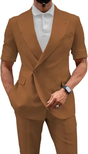 Men's 2 Piece Short Suits Set Short Pants & Short Sleeved Jacket Slim Fit Casual Mens Summer Suit