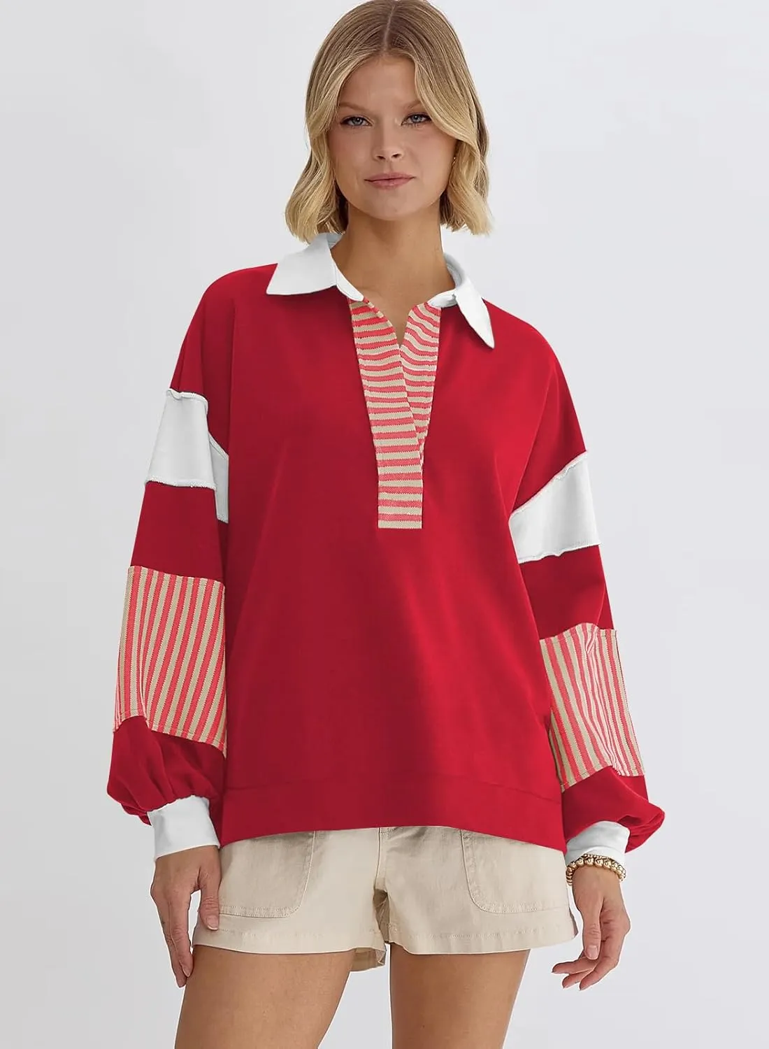 miduo Womens Loose Fit Striped Color Block Long Sleeve Sweatshirt Lapel Collared V Neck Pullover Shirts Tops