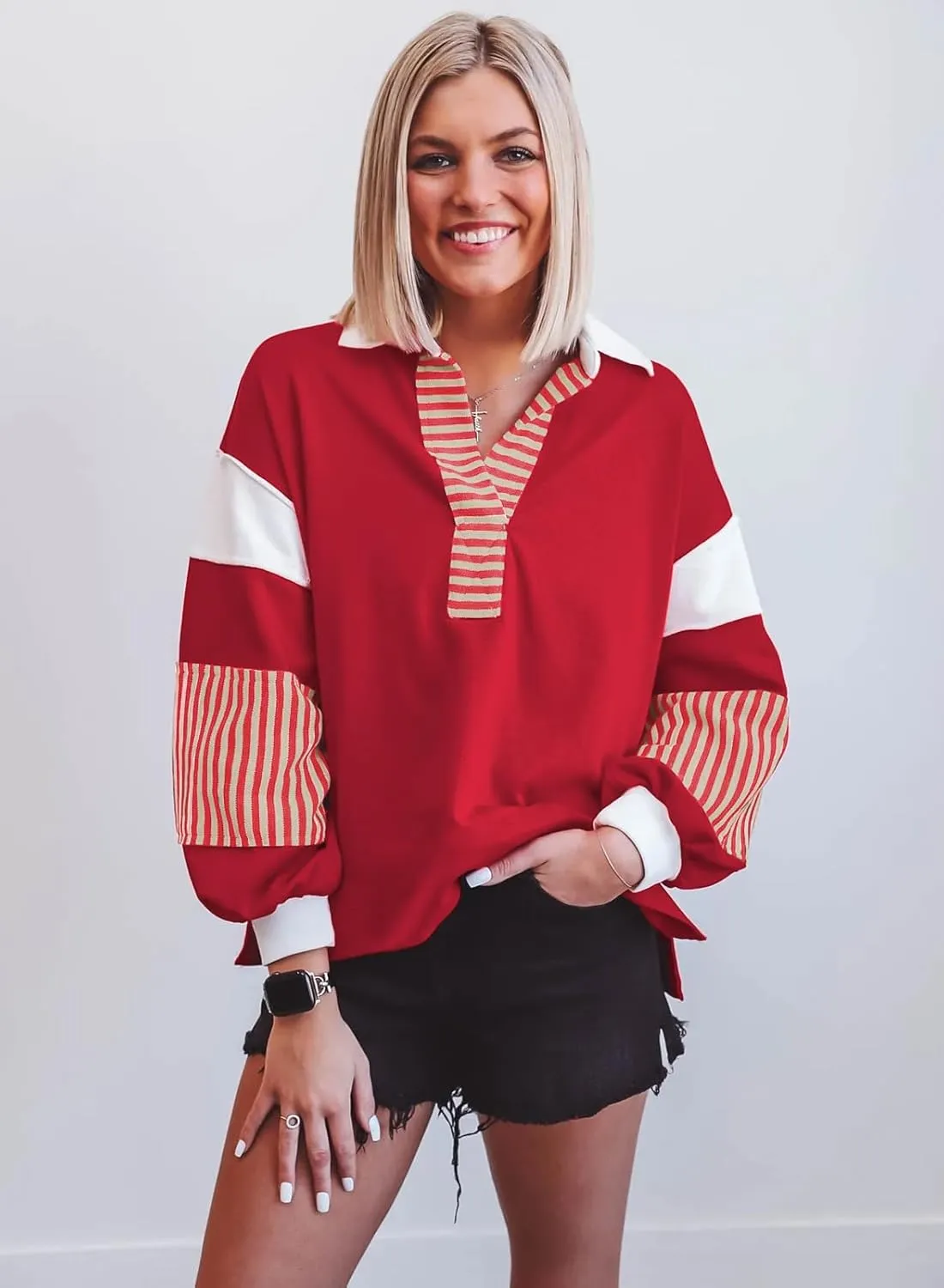 miduo Womens Loose Fit Striped Color Block Long Sleeve Sweatshirt Lapel Collared V Neck Pullover Shirts Tops