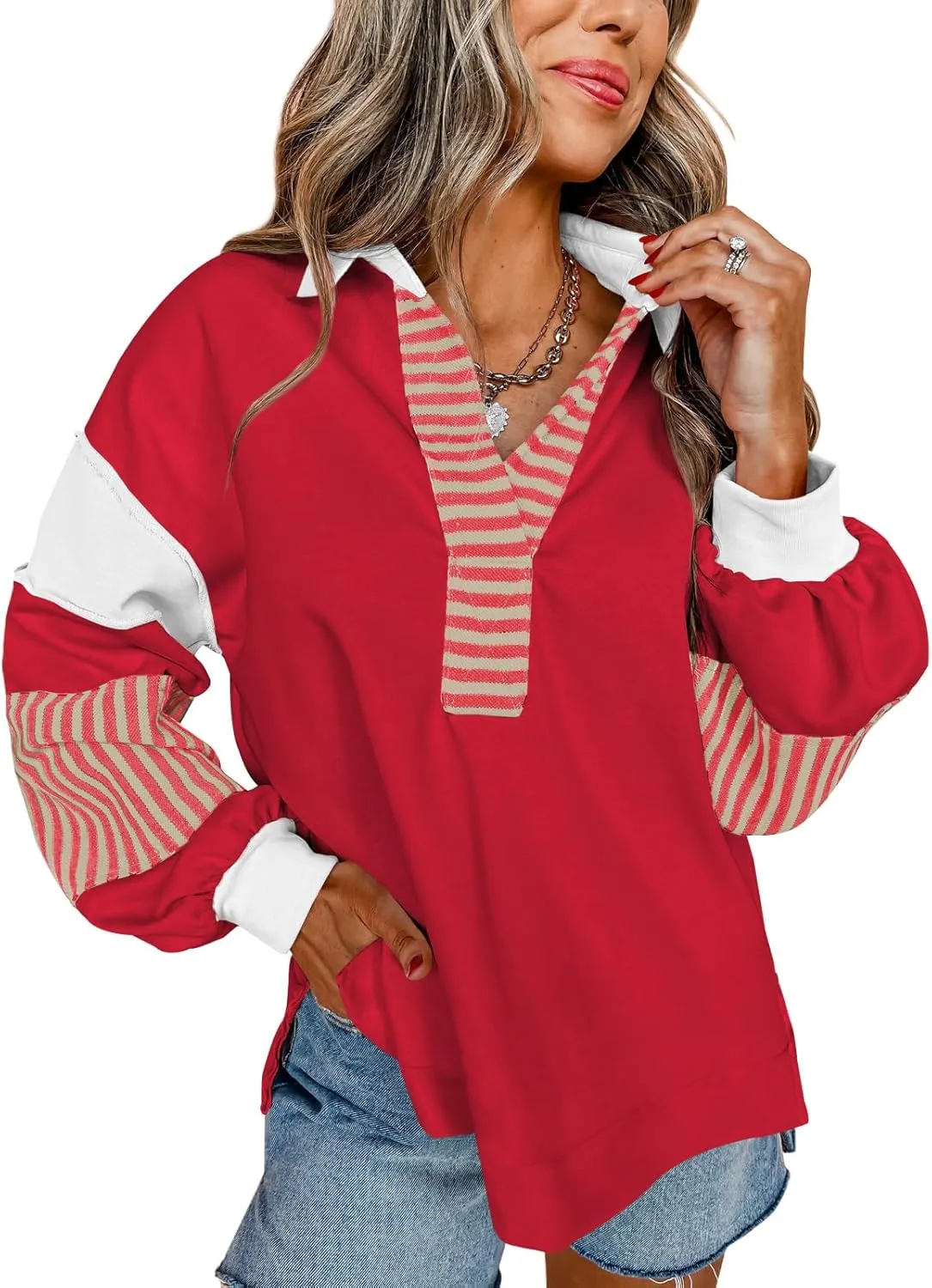 miduo Womens Loose Fit Striped Color Block Long Sleeve Sweatshirt Lapel Collared V Neck Pullover Shirts Tops