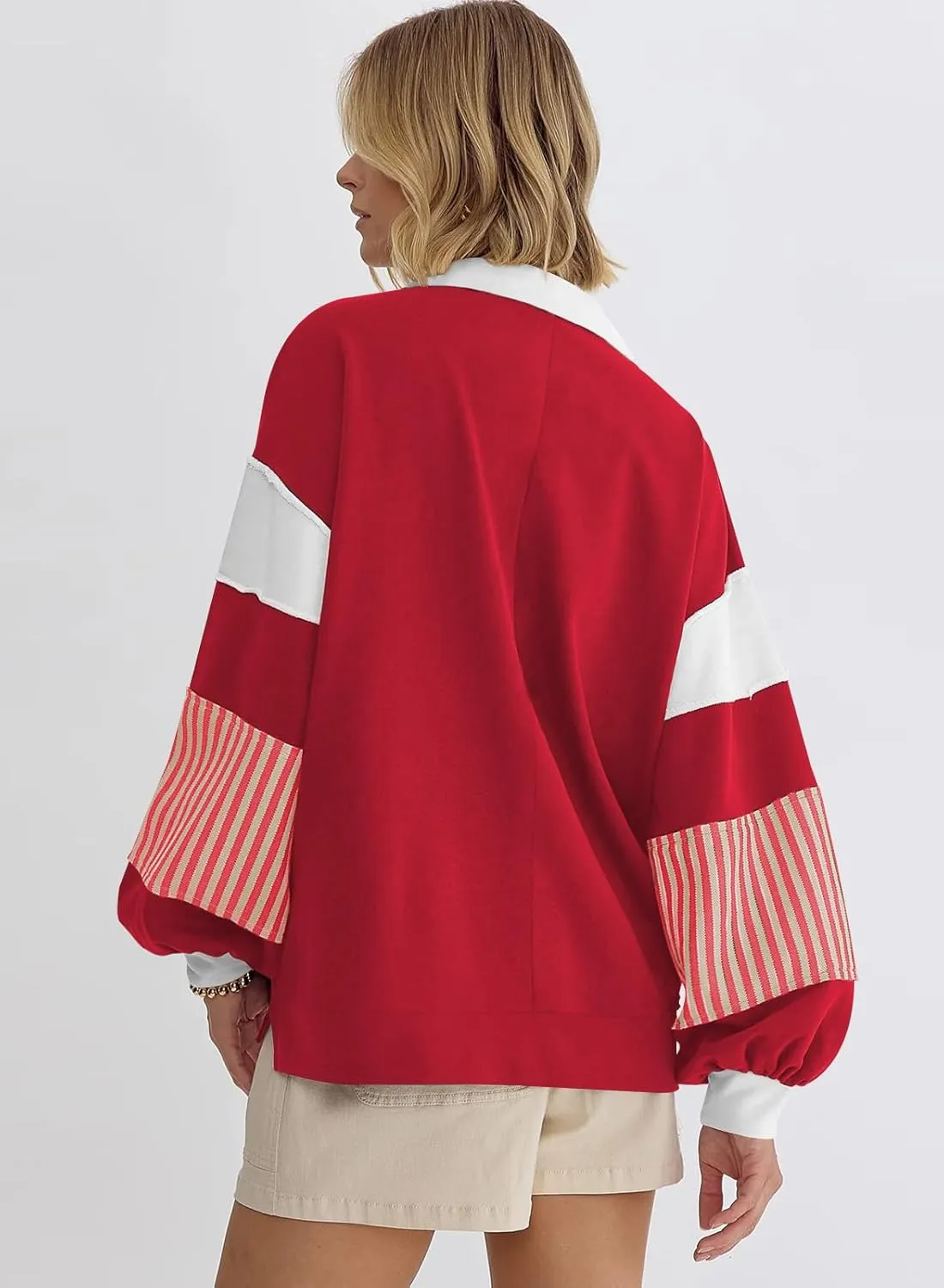 miduo Womens Loose Fit Striped Color Block Long Sleeve Sweatshirt Lapel Collared V Neck Pullover Shirts Tops