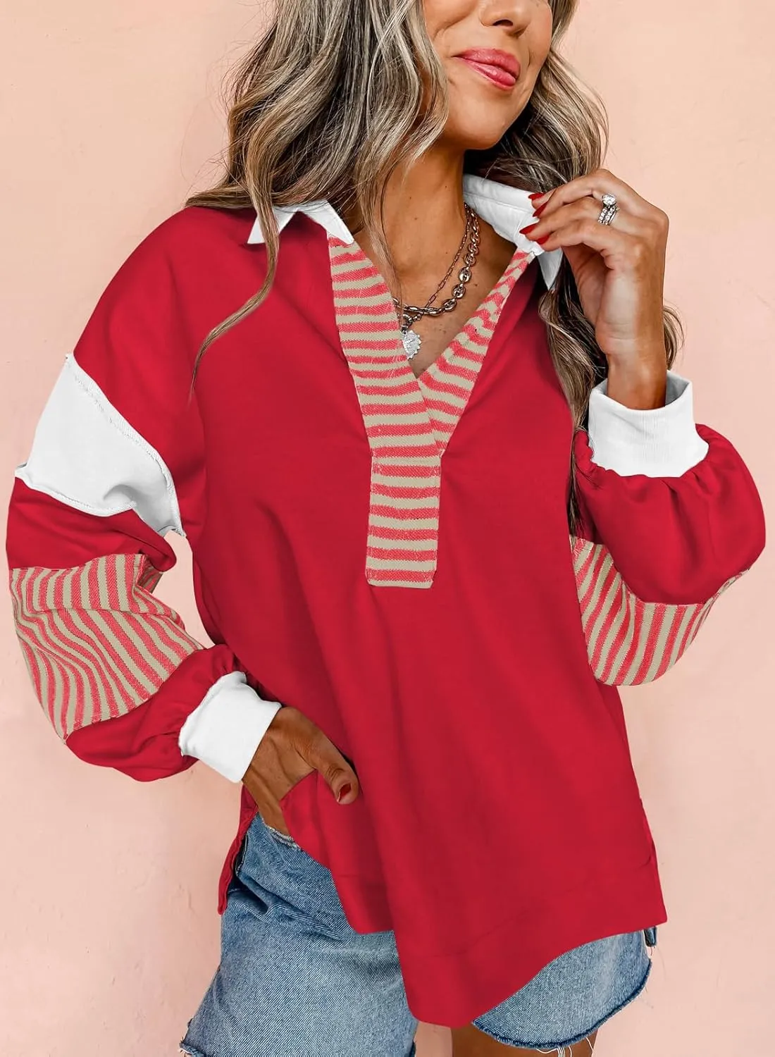 miduo Womens Loose Fit Striped Color Block Long Sleeve Sweatshirt Lapel Collared V Neck Pullover Shirts Tops