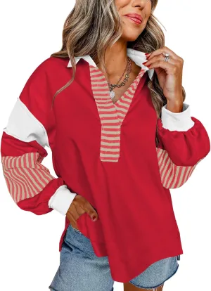 miduo Womens Loose Fit Striped Color Block Long Sleeve Sweatshirt Lapel Collared V Neck Pullover Shirts Tops