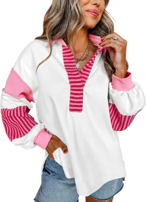 miduo Womens Loose Fit Striped Color Block Long Sleeve Sweatshirt Lapel Collared V Neck Pullover Shirts Tops