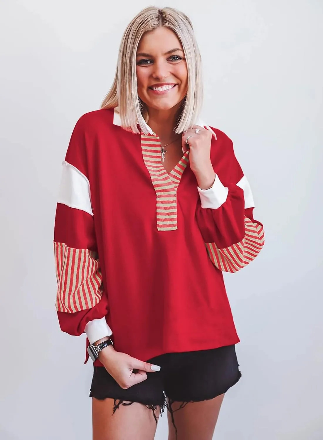 miduo Womens Loose Fit Striped Color Block Long Sleeve Sweatshirt Lapel Collared V Neck Pullover Shirts Tops