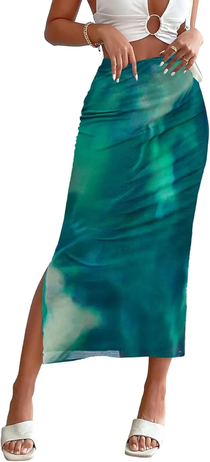 Milumia Women's Ditsy Floral Mesh Split Hem Long Skirt High Waisted Boho Midi Skirts