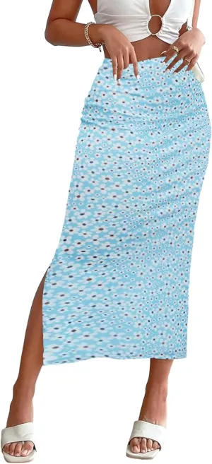 Milumia Women's Ditsy Floral Mesh Split Hem Long Skirt High Waisted Boho Midi Skirts