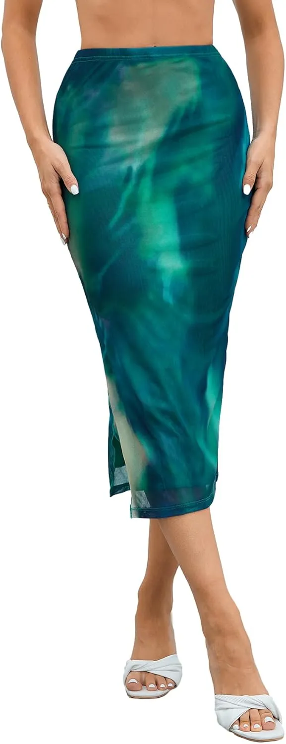 Milumia Women's Ditsy Floral Mesh Split Hem Long Skirt High Waisted Boho Midi Skirts