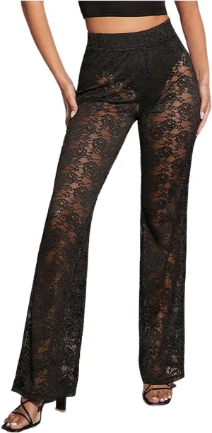 Milumia Women's Floral Lace Elastic High Waist Pants Sexy See Through Straight Leg Trousers