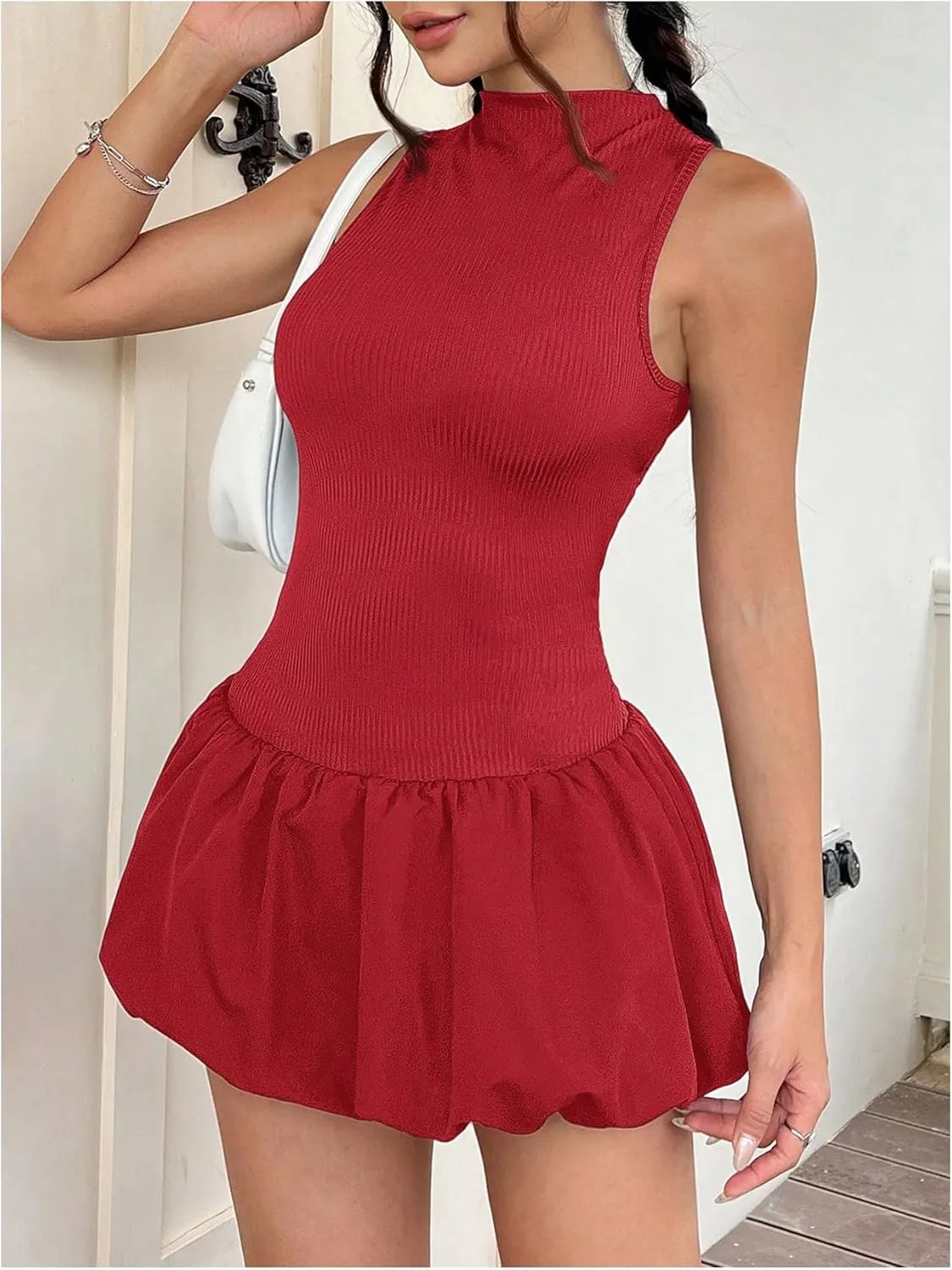 Milumia Women's Mock Neck Cut Out Backless Bubble Dress Sleeveless Ruffle Y2k Mini Dresses